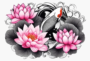 Two pink and black  Koi swimming between and lotus flowers tattoo idea
