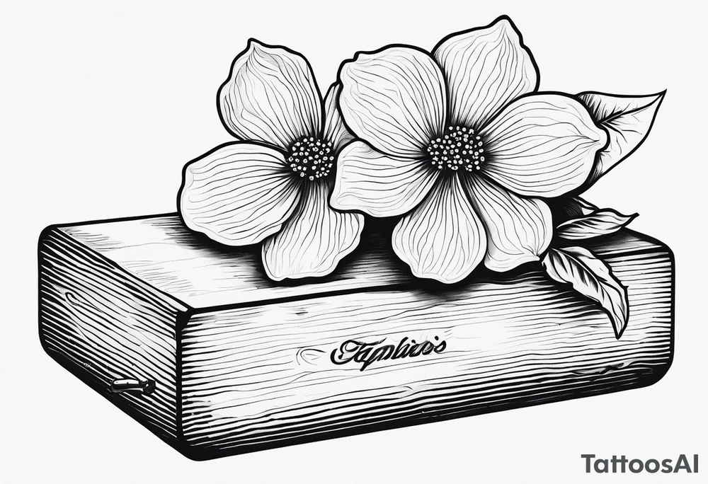 A simple vintage cigar box with a dogwood flower next to it as well as a lit cigar tattoo idea
