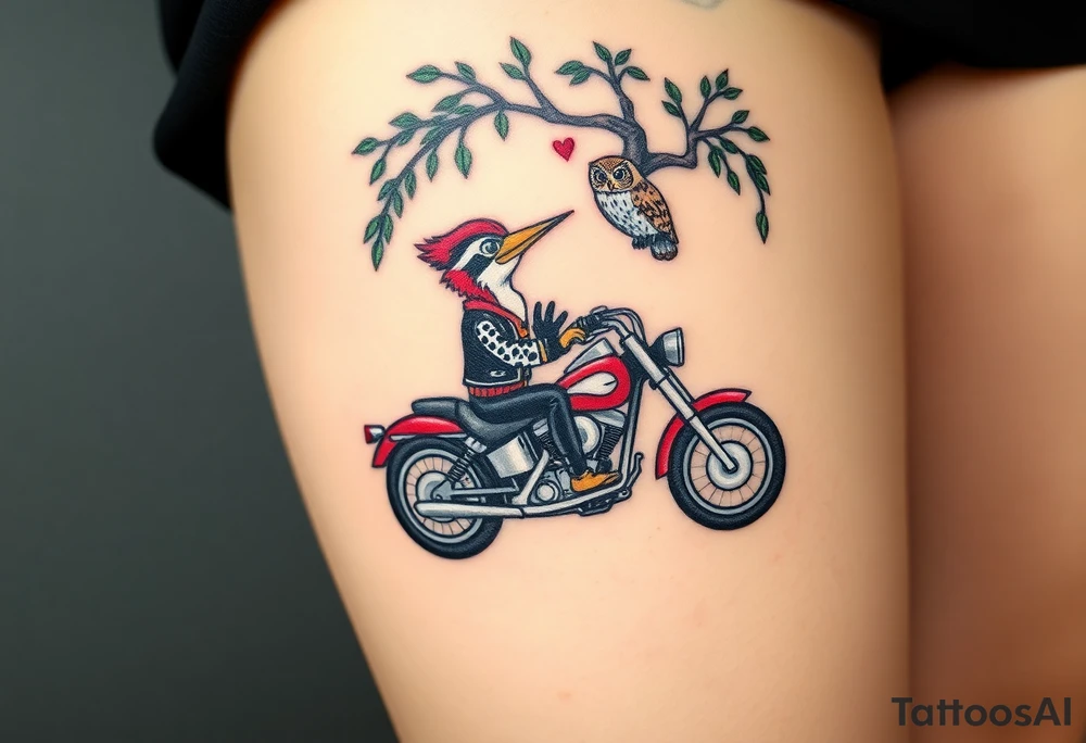 Woody the woodpecker wearing a leather vest that says peckerwoods, on a Harley Davidson under a willow tree, gazing in love at a barn owl tattoo idea