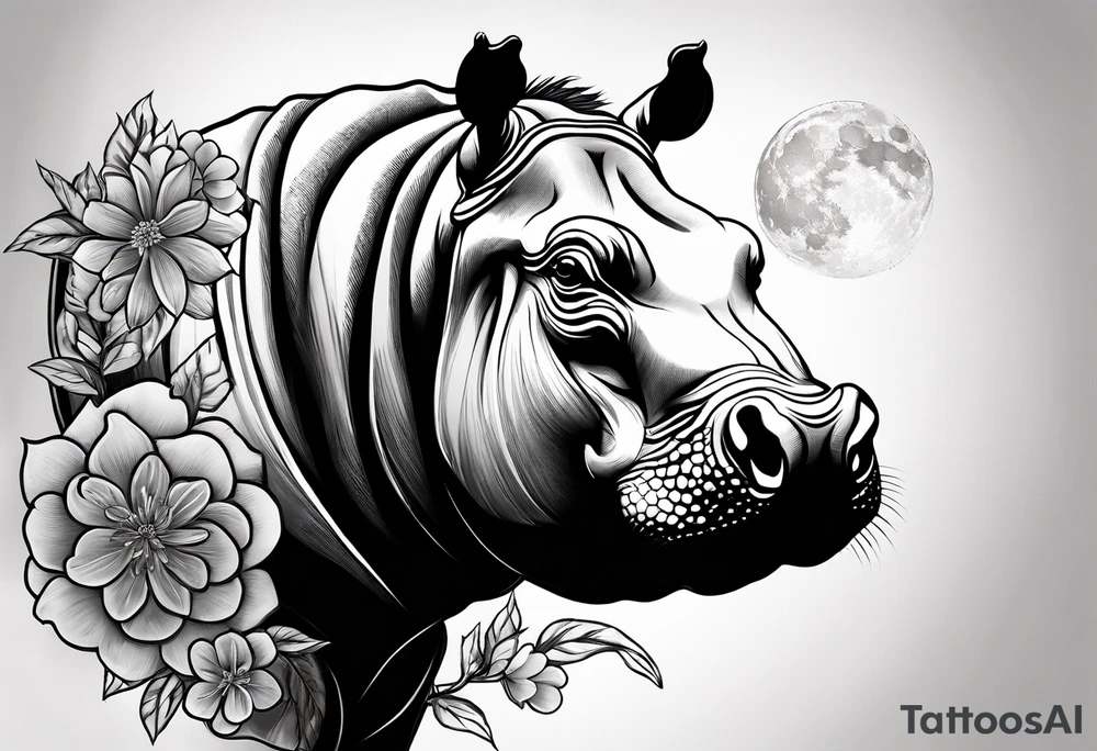 A hippo head with a detailed realistic full moon on upper right corner and wintersweet flower on lower left corner tattoo idea