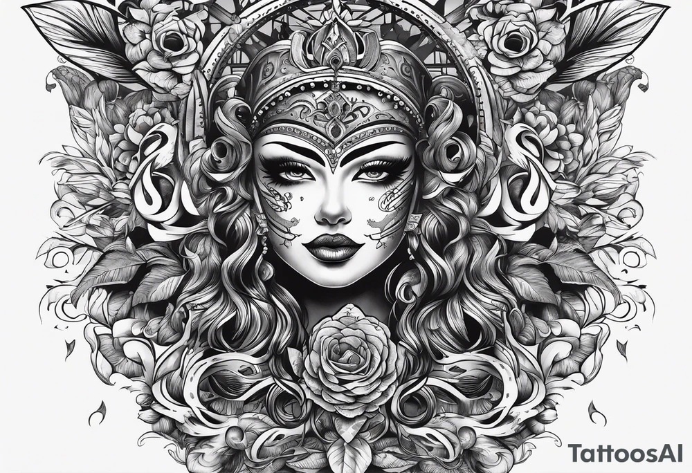 una maschera che piange e una che ride con una scritta simile now very later tattoo idea