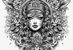 una maschera che piange e una che ride con una scritta simile now very later tattoo idea