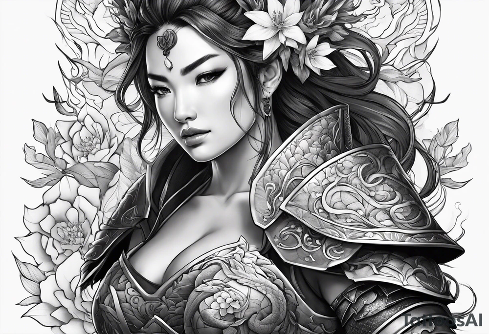beautiful warrior woman wearing dragon armor and a floral background tattoo idea