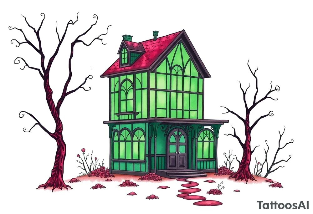 Tim Burton’s glass green house is abandoned and dripping with muted reds, dusty pinks, and eerie green glow. tattoo idea tattoo idea