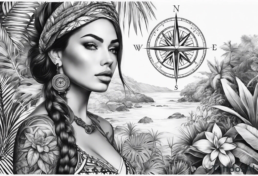 full sleeve tattoo with jungle plants, compass, all-seeing eye tattoo idea full sleeve tattoo with jungle plants, compass, all-seeing eye tattoo idea