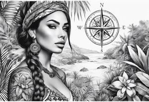 full sleeve tattoo with jungle plants, compass, all-seeing eye tattoo idea