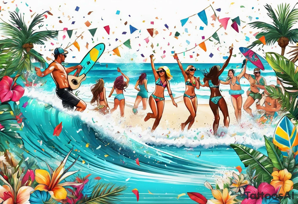 SURFING SAFARI BEACH DANCE 
PARTY WITH CONFETTI AND MUSIC NOTES, TROPICAL DRINKS, SEXY BIKINIS tattoo idea