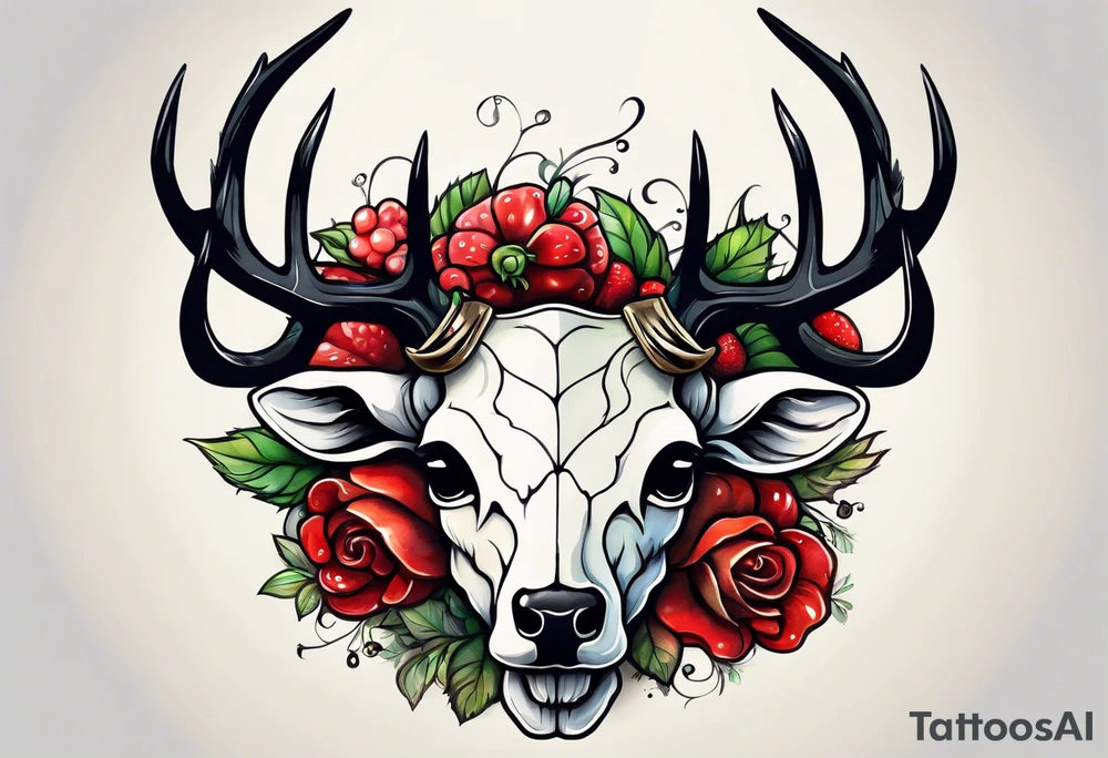 A deer skull. The astrological sign for Aries and Taurus hanging from the antlers. There should be some strawberry imagery in it also. tattoo idea