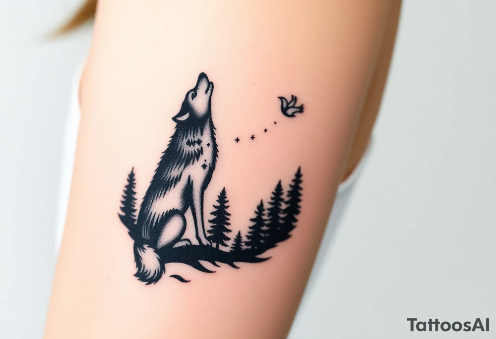 Lone wolf howling at the moon stars in the night sky in a forest with a little dove in the sky tattoo idea