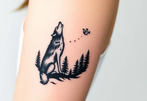 Lone wolf howling at the moon stars in the night sky in a forest with a little dove in the sky tattoo idea