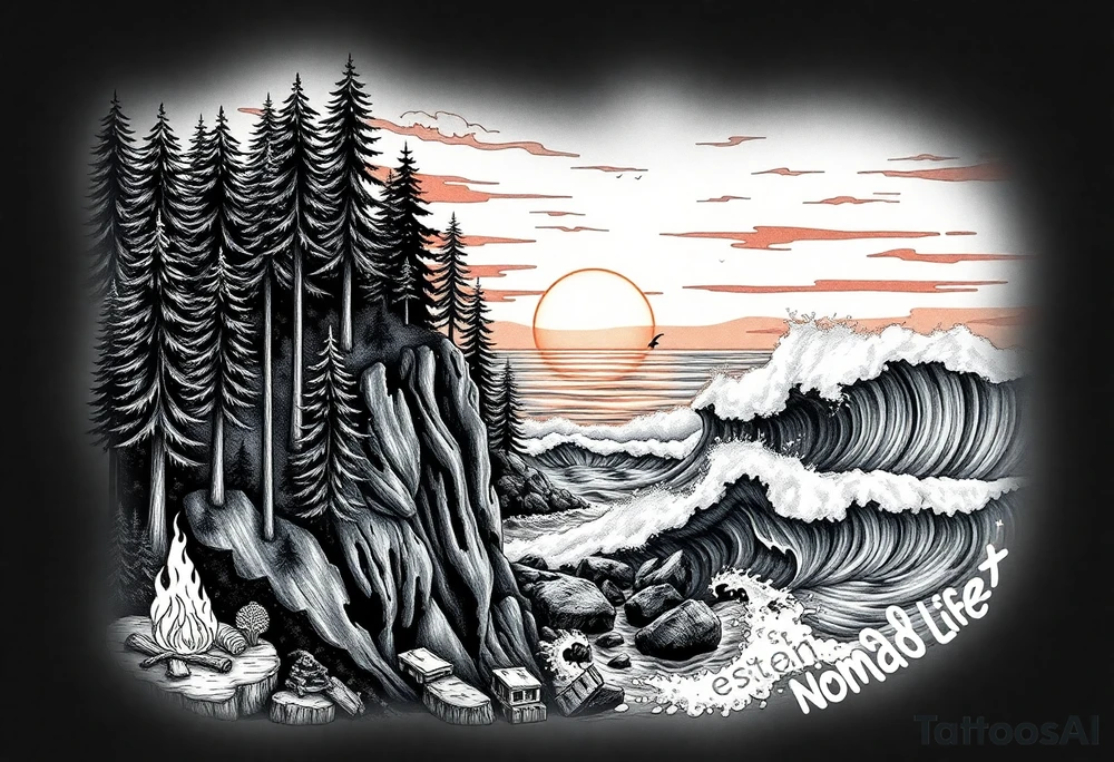 Collage of Redwood forest cliff huge trees campfire smoke and sunset meeting ocean  with huge waves crashing on the rocky shoreline and a night ski with the words "est.1986 nomad life" in graffiti like old English custom letters tattoo idea
