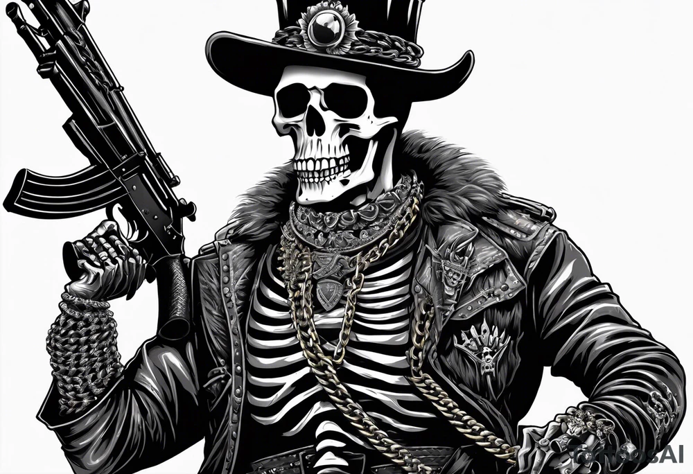 image of a skeleton standing frontally with a crown on his head, holding an AK-47 on his shoulder with his right hand. The chain on the left should be taut, there are three angry barking Dobermans in it, near the waist tattoo idea