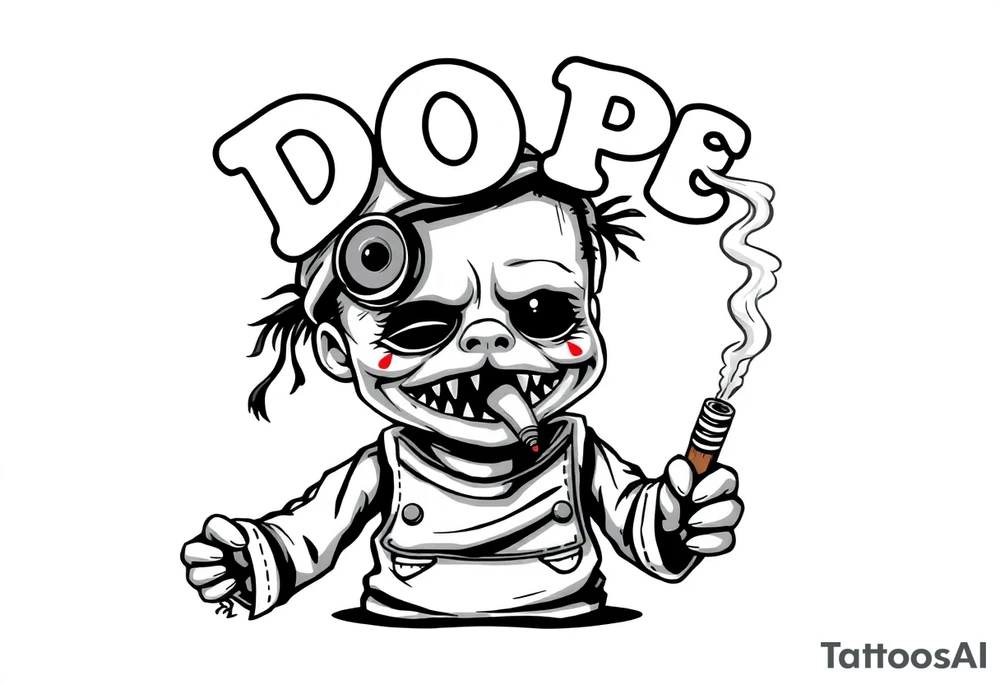 Stitched up rag doll with a button as one eye and some thread as the other. Scary. Warn down. Razor like shark teeth with blood dripping. Holding some money in one hand and a cigar in the other hand. Smoke pouring off the cigar with the cloud of smoke above spelling out the word DOPE tattoo idea