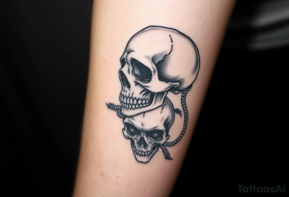 tattoo depicts a detailed skull with large fangs and ropes tied around it. The skull is surrounded by black feathers, with part of another skull visible underneath. The tattoo is done in a black and gray technique, which gives it a dramatic and mystical look tattoo idea
