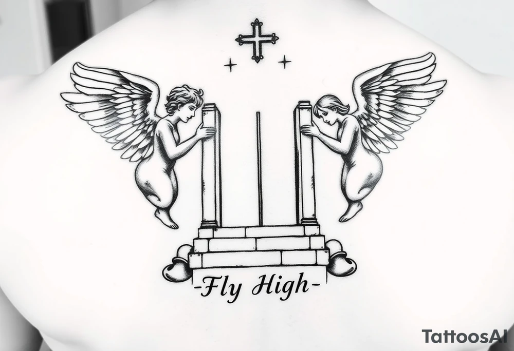Chess tattoo and black & white realistic.
 2 angels, one on each side of heaven'sthat's great with the male big ear walking up the steps and a woman Andrew over the top.  Of the gates have body on my neck in the middmetal with text saying fly high baby boy tattoo idea