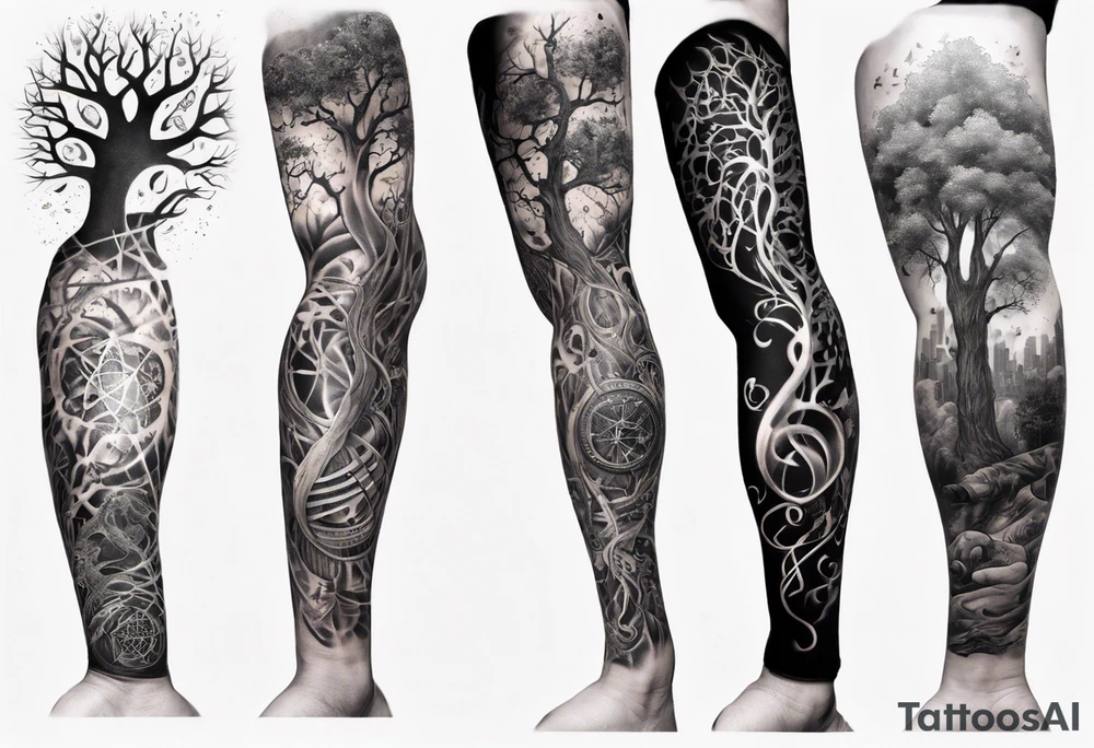 full arm sleeve tattoo... DNA science guitar piano, music. tree of life tattoo idea