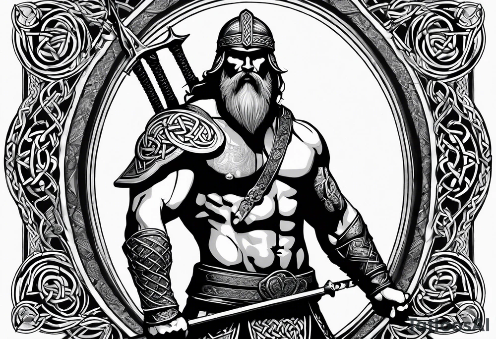 Side full body shot of Celtic warrior with weapon drawn. tattoo idea
