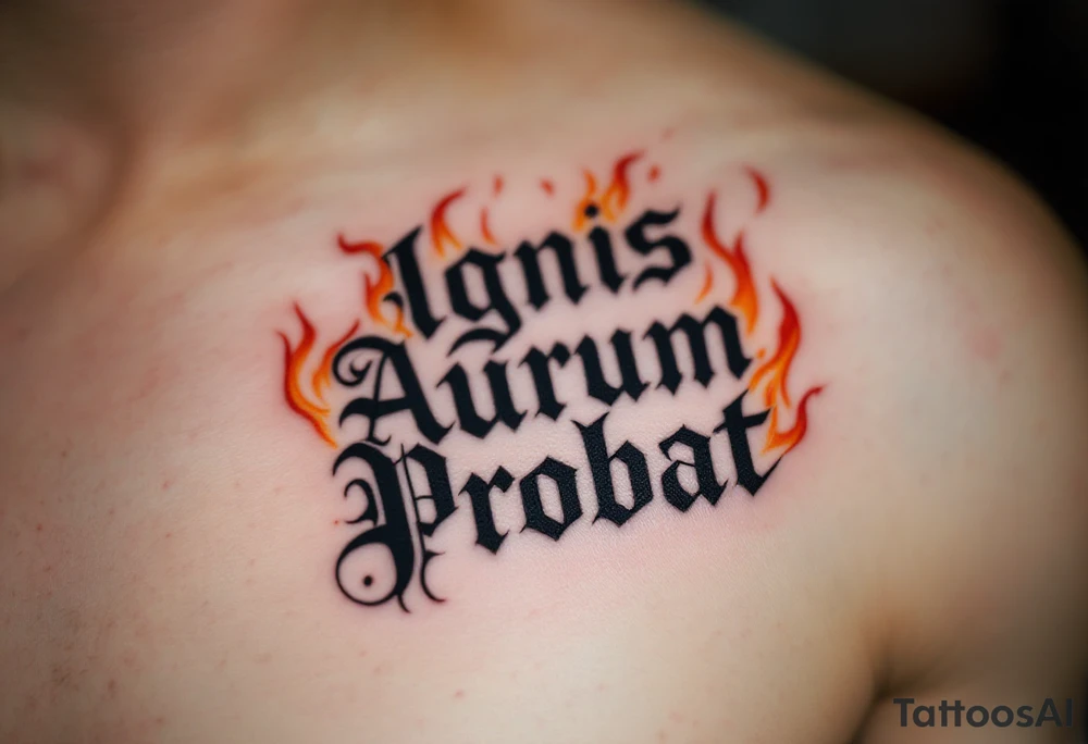"Ignis Aurum Probat" (Fire tests gold), in etched medieval-style font, rising from flames curling around a golden ingot, done in charcoal black, dark red, and muted gold ink for a powerful, alchemical look. tattoo idea