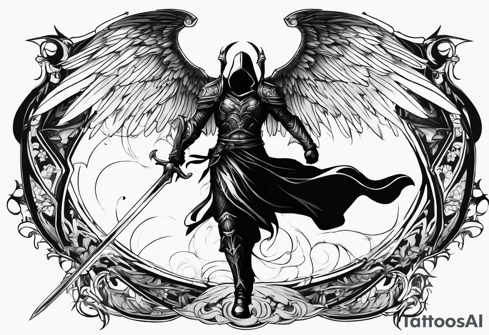 Arch angel hood fighting sword male full body heavenly tattoo idea