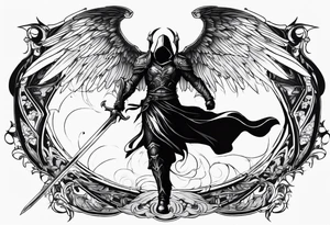 Arch angel hood fighting sword male full body heavenly tattoo idea