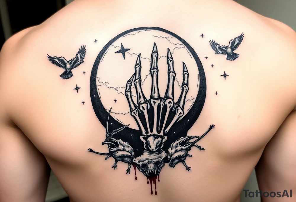 zodiac cancer skeletal hand snile with fangs on a fyull bloody moon surrounded by dead birds and a hellishly starry sky tattoo idea