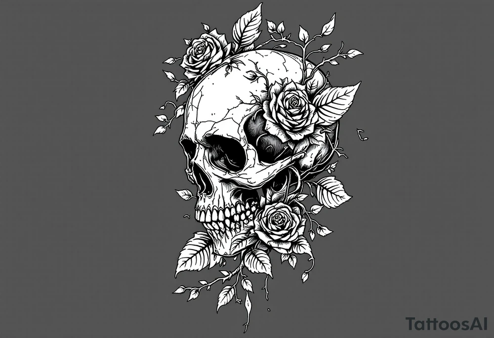 gothic skull intertwined with climbing roses and thorny vines tattoo idea