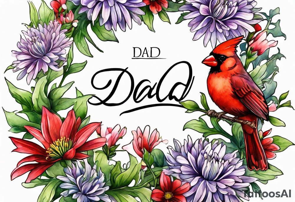 Aster flowers and sea rocket flowers with a cardinal around the words Dad tattoo idea