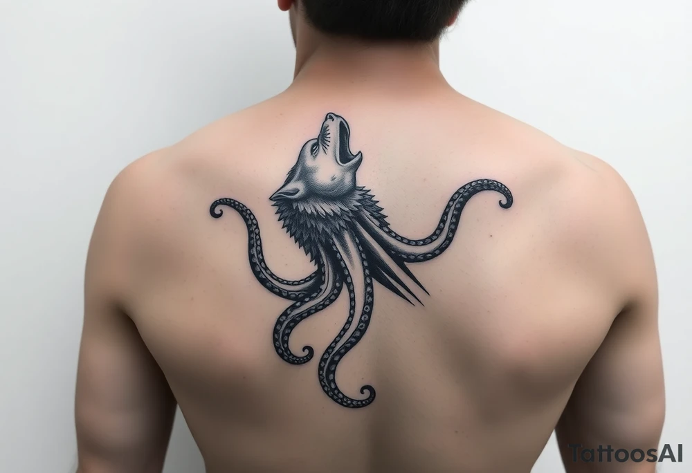 A surreal wolf octopus howling  in the arm tattoo idea