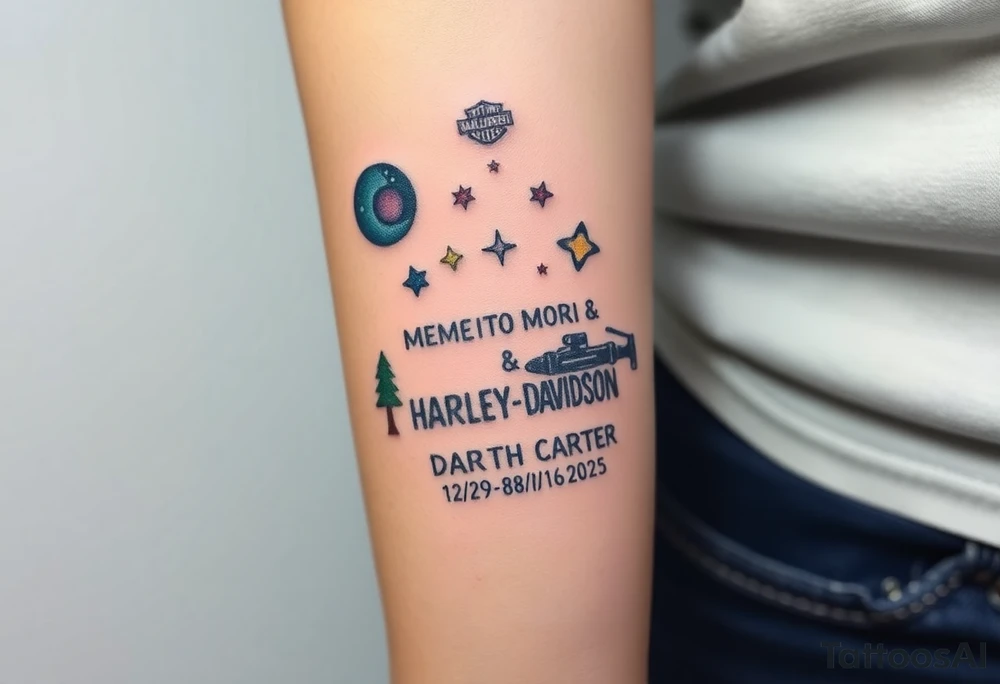futuristic, spacey, memory tattoo: star wars, space, Harley Davidson, skateboarding, camping, puzzle pieces, video games, heaven, god, outdoors, bullets, words MEMENTO MORI & DARTH CARTER 12/29/88-01/06/2025 tattoo idea