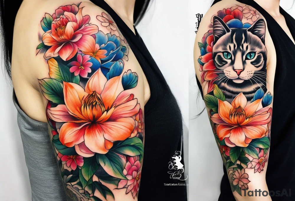Realistic flower full sleeve with two cats tattoo idea