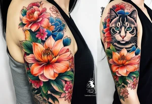 Realistic flower full sleeve with two cats tattoo idea