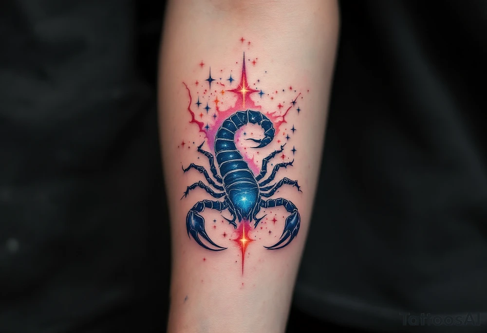 Rising with passion and danger, the Scorpius constellation lights the sky with crimson and sapphire fire in closure of its star constellation tattoo idea