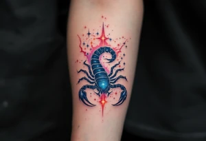 Rising with passion and danger, the Scorpius constellation lights the sky with crimson and sapphire fire in closure of its star constellation tattoo idea