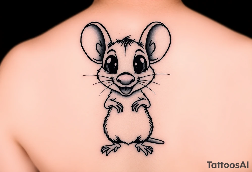Original tattoo-style illustration:

A rat standing upright

Very large, bulging eyes popping out

A cheeky / mischievous smile

Cartoon style, not baby-like

One black-and-white version + one color version

4 images in total (so you can choose the best one) 
 + this link tattoo idea