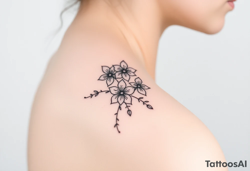 Feminine fine line flowers with eucalyptus tattoo idea