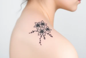 Feminine fine line flowers with eucalyptus tattoo idea
