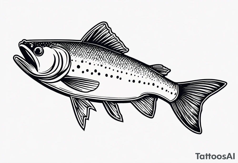 A small tattoo with a shaded trout and text that says, 'Como la trucha...' drawn with fine lines." tattoo idea