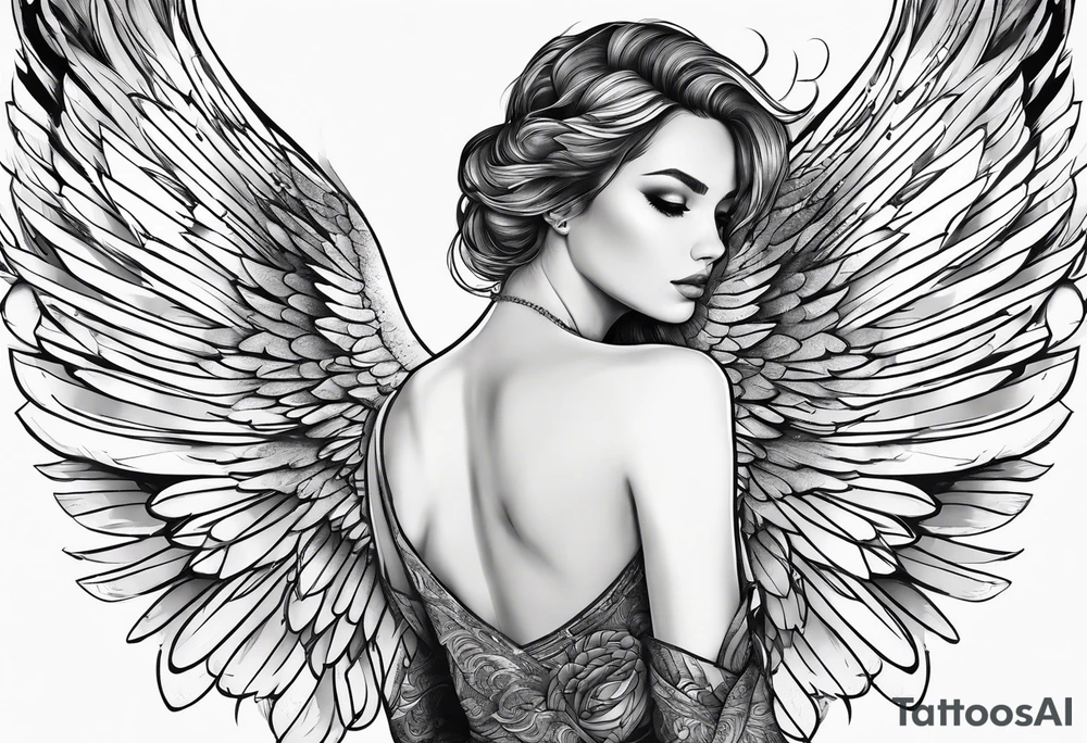 angel woman with big wings full body flying on the sky tattoo idea