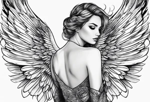 angel woman with big wings full body flying on the sky tattoo idea