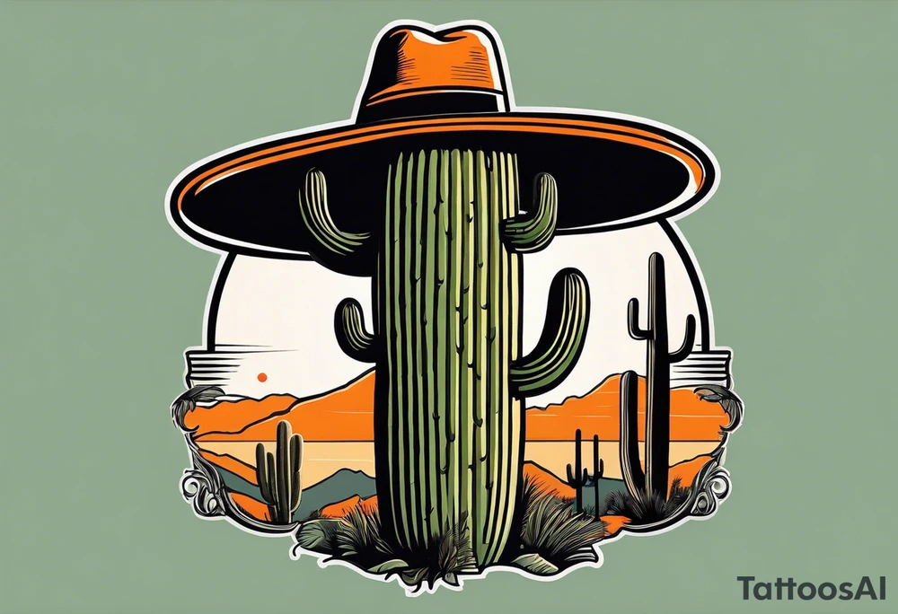 Saguaro cactus with two arms and a clever face, wearing an orange cowboy hat, wearing sunglasses, and a cigarette dangling from his mouth tattoo idea