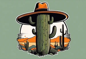 Saguaro cactus with two arms and a clever face, wearing an orange cowboy hat, wearing sunglasses, and a cigarette dangling from his mouth tattoo idea