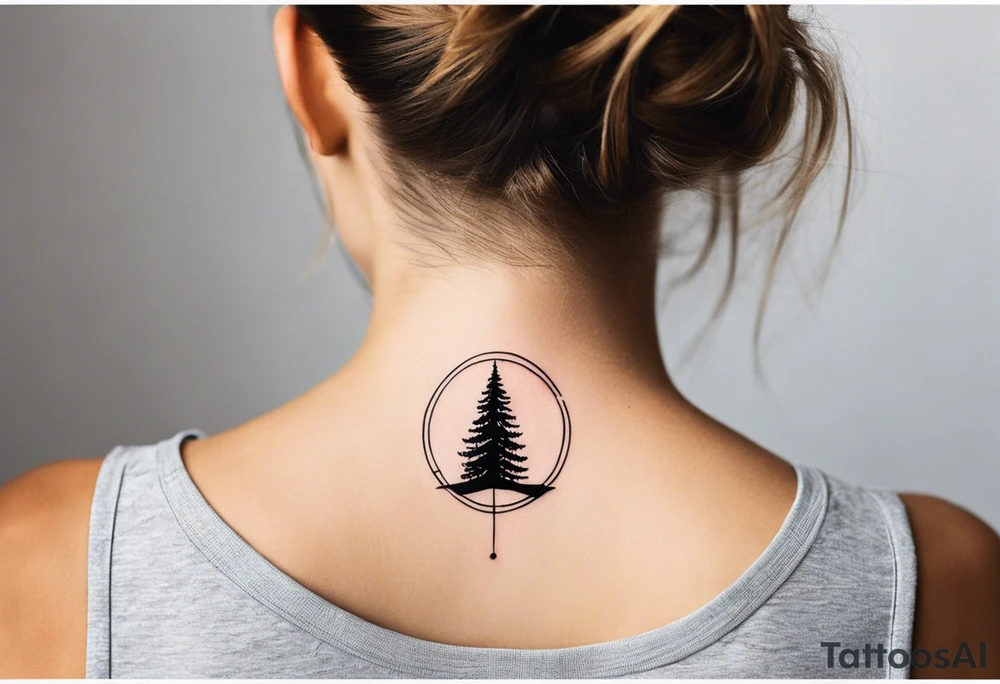 Create a tattoo in a minimalistic style, including a vertical line symbolizing a path or journey. The design should include the following elements: the image of a fir tree at the top, the outline of a mountain in the center, and the sun with rays at the bottom. All elements should be done in black outlines without filling, creating a clean and elegant image. tattoo idea