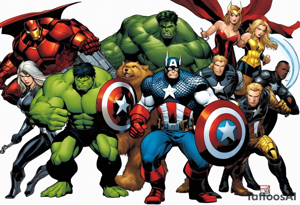 I want to change Avengers Team characters with animals. Hulk will be represented by a Badger.
Thor will be depicted as an Alpha Grey Wolf.
Captain America will be symbolized by a Bull.
Iron Man's character will be embodied by a Canary.
Black Widow's role will be portrayed by an Axolotl.
Hawkeye will be depicted as a Sudan Plated Lizard.
Nick Fury will be represented by a Cat. tattoo idea
