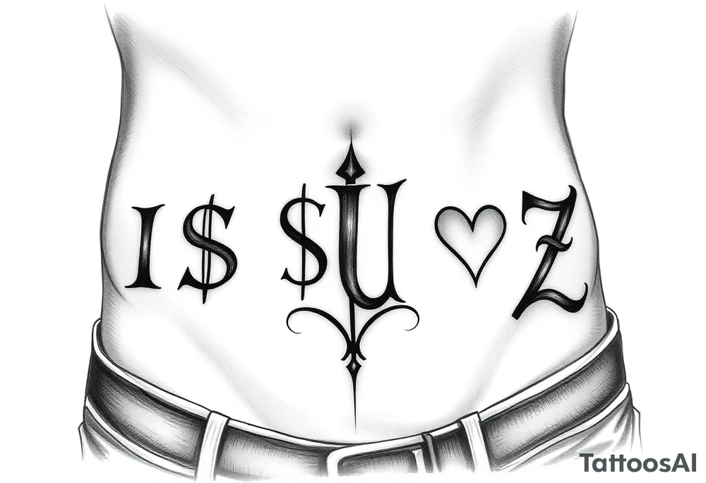 It'll be a large tattoo cross my stomach kind of arched like the old white trash tattoos you'd see like in the 90s. The word it's going to be I S $ U ə Z the second s is going to be money signed backwards the E is going to be backwards and kind of tilted more like like the Internet Explorer e or maybe it's Intel or something like that these going to be lowercase and backwards kind of tilted and I want to be ours like going up and over the belly button kind of or maybe taking up like a larger area but like arched as well as the lowercase e backwards tilted and only one of the s's is going to be the backwards money sign tattoo idea