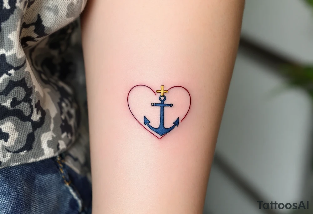 Tiny black font love faith hope placed within a heart outline in red, with a gold cross on top and a blue anchor below. tattoo idea