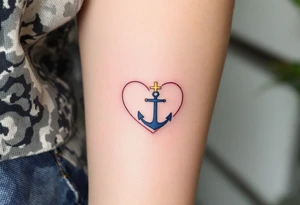 Tiny black font love faith hope placed within a heart outline in red, with a gold cross on top and a blue anchor below. tattoo idea