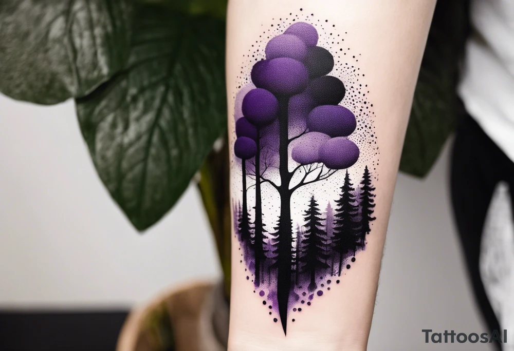 forest, abstract, on hand, no people, purple and black, full, whole wrist wrapped tattoo idea