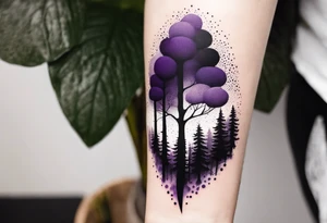 forest, abstract, on hand, no people, purple and black, full, whole wrist wrapped tattoo idea