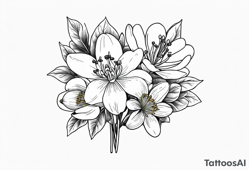 Bouquet with One snowdrop, One hawthorn flower, Two honeysuckle blooms tattoo idea