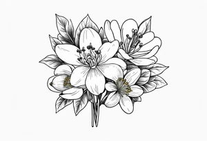 Bouquet with One snowdrop, One hawthorn flower, Two honeysuckle blooms tattoo idea